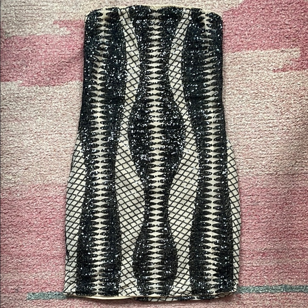 Black and Beige Sequin Strapless Party Dress